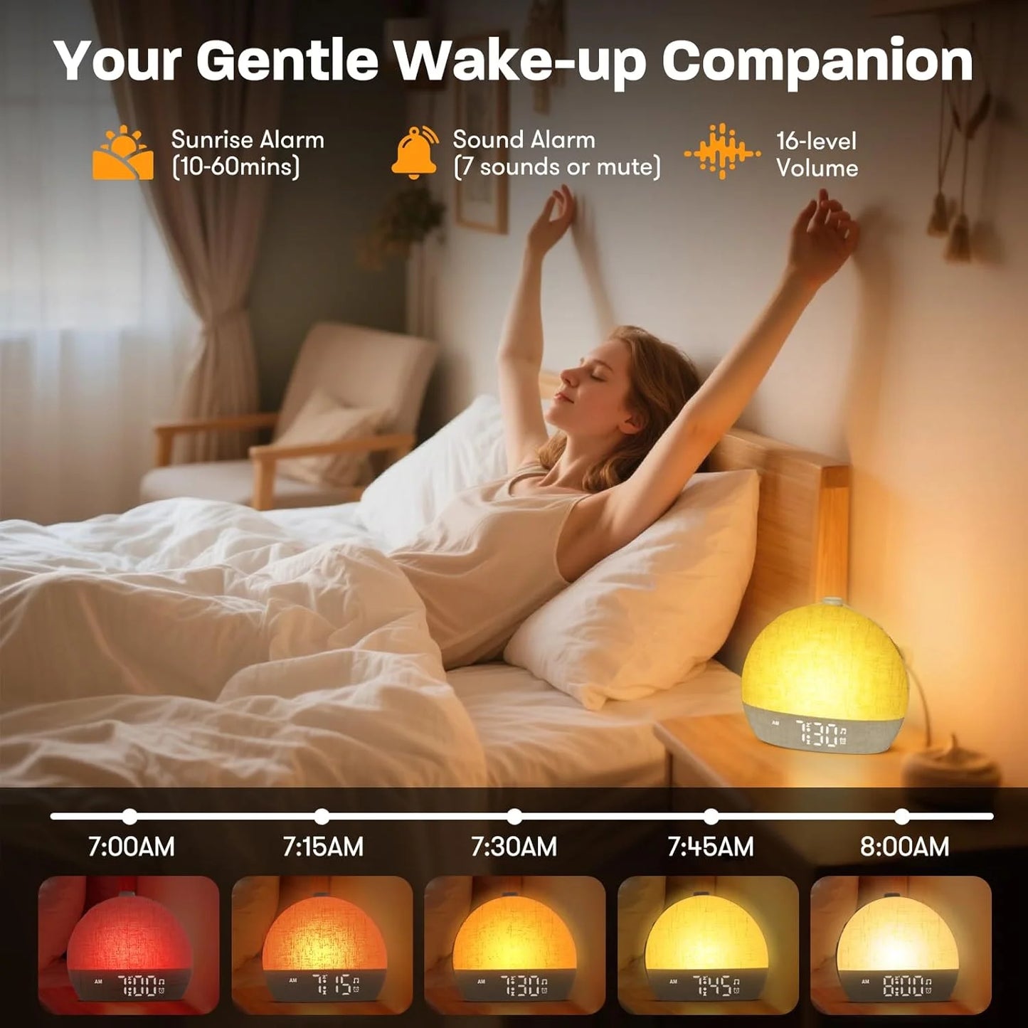 Sunrise Alarm Clock with Wake-Up Light & White Noise for Heavy Sleepers