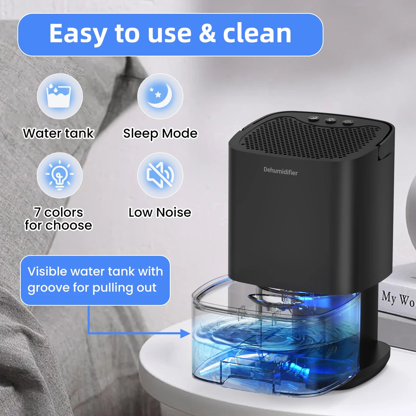 Dehumidifier for Damp and Moisture Control – 1000ml Quiet Dehumidifier for Home, Office, and RV
