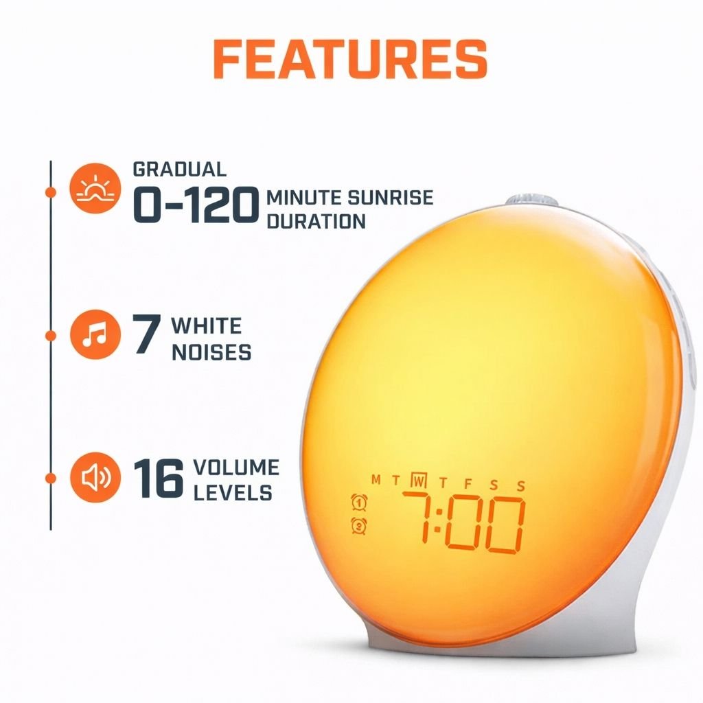 Sunrise Alarm Clock with Night Light & White Noise – Wake Up Light Alarm Clock - Circadian Dream